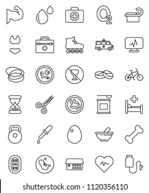 thin line vector icon set - egg vector, heart pulse, bike, weight, muscule hand, swimsuite, roller Skates, sports nutrition, no alcohol sign, first aid kit, bone, hoop, oxygen, stadium, doctor bag