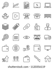 thin line vector icon set - house hold vector, student, notebook pc, document, graph, wallet, crisis, percent growth, manager, investment, presentation board, personal information, phone 24, barcode