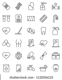thin line vector icon set - rake vector, water tap, liquid soap, heart pulse, pills vial, buttocks, monitor, doctor bag, crutches, broken bone, patch, bottle, blister, anamnesis, hospital bed, tooth