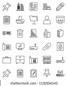 thin line vector icon set - trash bin vector, pencil, student, case, clipboard, paper pin, archive, exam, binder, phone, receipt, thumbtack, diagnostic monitor, network folder, router, attachment