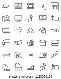 thin line vector icon set - microwave oven vector, pen, blackboard, glasses, music, cash, calculator, roller Skates, money, dry cargo, film frame, monitor, link, share, home, bench, connection