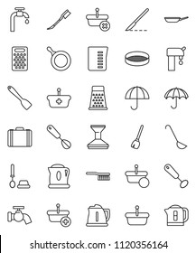 thin line vector icon set - broom vector, fetlock, water tap, car, toilet brush, pan, kettle, measuring cup, whisk, spatula, ladle, grater, sieve, case, umbrella, scalpel, supply, basket