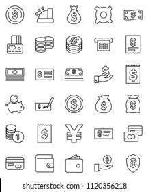 Thin Line Vector Icon Set - Dollar Coin Vector, Credit Card, Wallet, Cash, Money Bag, Piggy Bank, Investment, Stack, Check, Receipt, Any Currency, Yen Sign, Cashbox, Shield