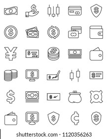 thin line vector icon set - exchange vector, dollar coin, japanese candle, credit card, wallet, cash, investment, stack, check, shield, monitor, any currency, yen sign, cent, money