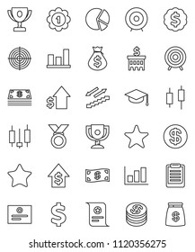 thin line vector icon set - graduate hat vector, clipboard, award cup, certificate, graph, pie, japanese candle, money bag, dollar growth, bank building, target, medal, sign, stairways run, coin