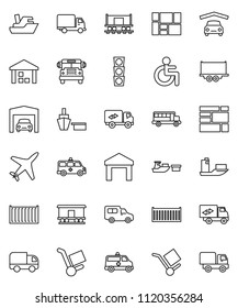 thin line vector icon set - school bus vector, Railway carriage, plane, traffic light, ship, truck trailer, sea container, delivery, car, port, consolidated cargo, warehouse, disabled, amkbulance