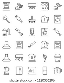 thin line vector icon set - vacuum cleaner vector, bucket, kettle, scales, oven, blender, fridge, washer, coffee maker, hood, air conditioner