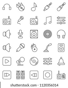 thin line vector icon set - bell vector, music, disk, hit, microphone, radio, speaker, headphones, play button, forward, backward, rec, jack, equalizer