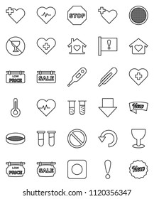 thin line vector icon set - sieve vector, arrow down, heart pulse, prohibition sign, no alcohol, cross, attention, glass, rec button, thermometer, vial, undo, stop, sale signboard, low price, new