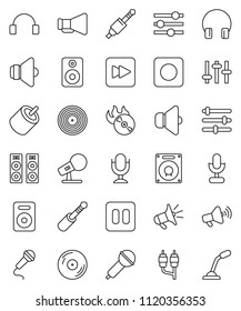 thin line vector icon set - disk vector, music hit, microphone, speaker, loudspeaker, settings, headphones, pause button, forward, rec, rca, jack, equalizer