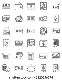 thin line vector icon set - credit card vector, cash, coin stack, check, receipt, dollar calendar, money, wallet, reader, tap pay