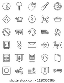 thin line vector icon set - foam basin vector, washing powder, compass, school bus, pie graph, dollar flag, safe, monitor, prohibition sign, office, no hook, flammable, stop button, rca, jack, undo