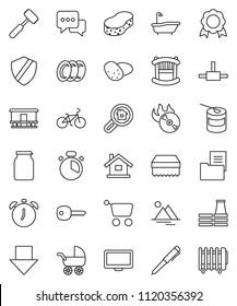 thin line vector icon set - sponge vector, bath, plates, cook timer, meat hammer, jar, potato, pen, alarm clock, medal, arrow down, bike, sports nutrition, Railway carriage, music hit, dialog, key
