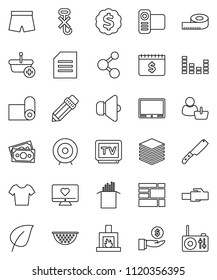 thin line vector icon set - colander vector, knife, pasta, pencil, document, leaf, investment, target, dollar medal, calendar, measuring, shorts, t shirt, molecule, fitness mat, heart monitor, money