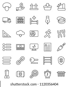 thin line vector icon set - mushroom vector, pen, corner ruler, alarm clock, schedule, personal information, cash, investment, first aid kit, hoop, run, delivery, top sign, shelving, link, jack