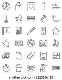 thin line vector icon set - plunger vector, bucket, washing powder, liquid soap, cleaning agent, copybook, pen, dollar coin, stopwatch, snickers, no smoking, attention, phone 24, consolidated cargo