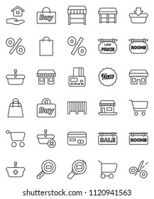 thin line vector icon set - house hold vector, cart, credit card, office, cargo search, sale signboard, rooms, low price, new, shopping bag, percent, market, store, buy, barcode, basket, coupon