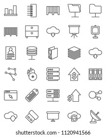 thin line vector icon set - presentation vector, archive, personal information, graph, dollar growth, binder, board, barcode, music hit, social media, network, folder, server, cloud shield, exchange