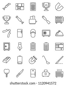 thin line vector icon set - camping cauldron vector, spatula, ladle, knife, grater, toaster, dish, pen, award cup, magnet, gold ingot, safe, hand trainer, consolidated cargo, battery, scalpel