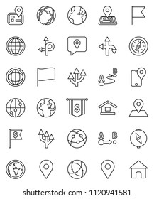 thin line vector icon set - compass vector, world, flag, dollar, route, navigator, earth, map pin, traking, internet, connection, globe, arrow, home