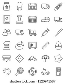 thin line vector icon set - soap vector, car fetlock, splotch, cook timer, ruler, document, money search, safe, measuring, calendar, earth, delivery, cargo, umbrella, flammable, gamepad, group, undo