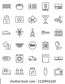thin line vector icon set - welcome mat vector, pan, colander, cereal, copybook, annual report, receipt, man, clipboard, snickers, car, port, glass, top sign, tulip, barcode, antenna, video camera