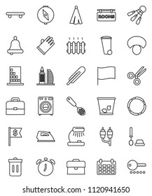 thin line vector icon set - trash bin vector, iron, toilet brush, washer, rubber glove, towel, skimmer, mushroom, case, bell, table lamp, alarm clock, compass, flag, dollar, calendar, skateboard