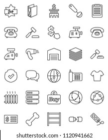thin line vector icon set - ladle vector, clipboard, auction, bank building, receipt, binder, dollar cursor, t shirt, bone, phone, protected, shelving, internet, dialog, connection, disconnection