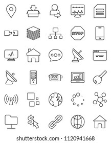 thin line vector icon set - world vector, document, laptop graph, dollar cursor, map pin, satellite antenna, video camera, mobile phone, social media, diagnostic monitor, network folder, big data