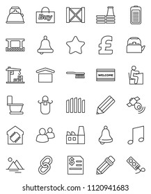 thin line vector icon set - fetlock vector, welcome mat, toilet, kettle, apron, pencil, student, bell, music, annual report, pound, wood box, dry cargo, film frame, satellitie, link, group, battery