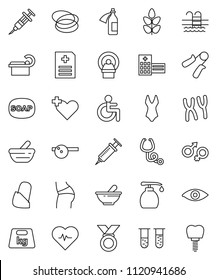 thin line vector icon set - soap vector, liquid, heart pulse, hand trainer, buttocks, swimsuite, medal, cereals, pool, hoop, weight, disabled, cross, vial, eye, gender sign, syringe, stethoscope