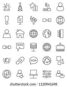 thin line vector icon set - world vector, antenna, internet, notebook network, server, equalizer, hub, router, lan connector, home, favorites, message, loading, globe, route arrow, connection, user