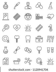 thin line vector icon set - thermometer vector, flask, pills, molecule, heart cross, oxygen, doctor bag, pulse, vial, magnifier, dropper, broken bone, blister, chromosomes, anamnesis, tomography