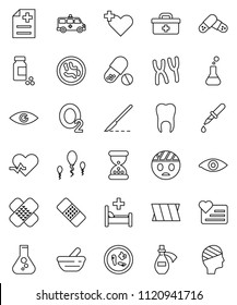 thin line vector icon set - flask vector, pills vial, heart monitor, oxygen, doctor bag, pulse, cross, eye, dropper, scalpel, sand clock, patch, mortar, microbs, chromosomes, anamnesis, hospital bed
