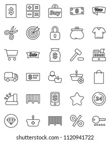 thin line vector icon set - cart vector, receipt, wallet, cash, star, money bag, sale, new, 24 hour, shopping, percent, customer, target, buy, barcode, cashbox, basket, calculator, auction, delivery