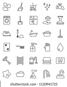 thin line vector icon set - plunger vector, scraper, cleaner trolley, vacuum, fetlock, mop, scoop, sponge, water drop, tap, car, shining, window cleaning, splotch, welcome mat, iron, bath, washer