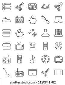 thin line vector icon set - spatula vector, ladle, glasses, scissors, abacus, music, piggy bank, case, annual report, calendar, snickers, shorts, target, clock, radio, satellitie, tv, menu, hood