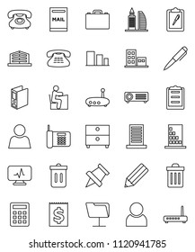 thin line vector icon set - trash bin vector, pencil, student, case, pen, paper pin, archive, binder, phone, receipt, clipboard, sorting, classic, diagnostic monitor, network folder, router, user