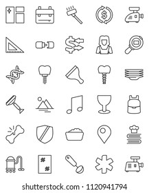 thin line vector icon set - scraper vector, vacuum cleaner, window cleaning, foam basin, plates, woman, ladle, cookbook, corner ruler, backpack, music, exchange, glass, protected, cargo search, dna