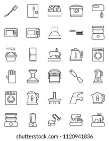 thin line vector icon set - water tap vector, vacuum cleaner, fetlock, sponge, car, washing powder, rubber glove, kettle, spatula, double boiler, fridge, washer, mixer, coffee maker, hood, blender