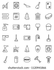 thin line vector icon set - soap vector, plunger, scraper, cleaner trolley, broom, scoop, bucket, sponge, towel, trash bin, window cleaning, drying clothes, washer, liquid, toilet paper, bath
