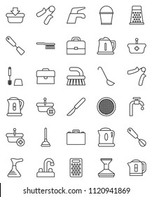 thin line vector icon set - plunger vector, water tap, fetlock, bucket, car, toilet brush, kettle, whisk, spatula, ladle, grater, sieve, case, hand trainer, scalpel, supply, basket