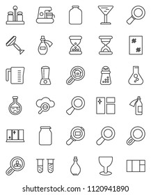 thin line vector icon set - scraper vector, window cleaning, shining, oil, measuring cup, hand mill, spices, jar, magnifier, flask, glass, cargo search, vial, sand clock, potion, cloud, estate