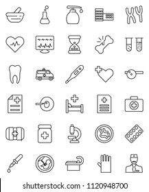 thin line vector icon set - liquid soap vector, rubber glove, school building, first aid kit, heart pulse, cross, thermometer, flask, vial, pregnancy, insemination, dropper, broken bone, sand clock