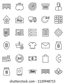 thin line vector icon set - laptop graph vector, dollar growth, target, cent sign, barcode, wallet, cash, money bag, sale, 24 hour, shopping, mall, support, buy, card reader, receipt, basket, list