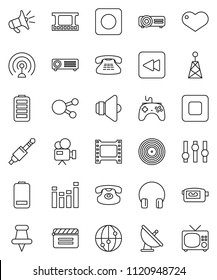 thin line vector icon set - satellite antenna vector, cinema clap, film frame, disk, speaker, gamepad, settings, equalizer, video camera, internet, headphones, classic phone, social media, heart, tv