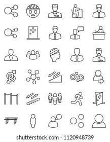 thin line vector icon set - student vector, manager, man, horizontal bar, stairways run, client, speaking, social media, group, doctor, gender sign, head bandage, medical room, share, login