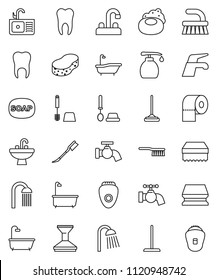 thin line vector icon set - soap vector, water tap, fetlock, mop, sponge, car, bath, toilet brush, liquid, paper, shower, sink, tooth, epilator