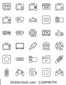 thin line vector icon set - cinema clap vector, film spool, tv, gamepad, video camera, remote control, pause button, stop, rec, hdmi, web, projector