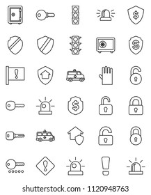 thin line vector icon set - rubber glove vector, dollar shield, safe, attention, traffic light, amkbulance car, lock, unlock, key, sign, siren, home protect, password